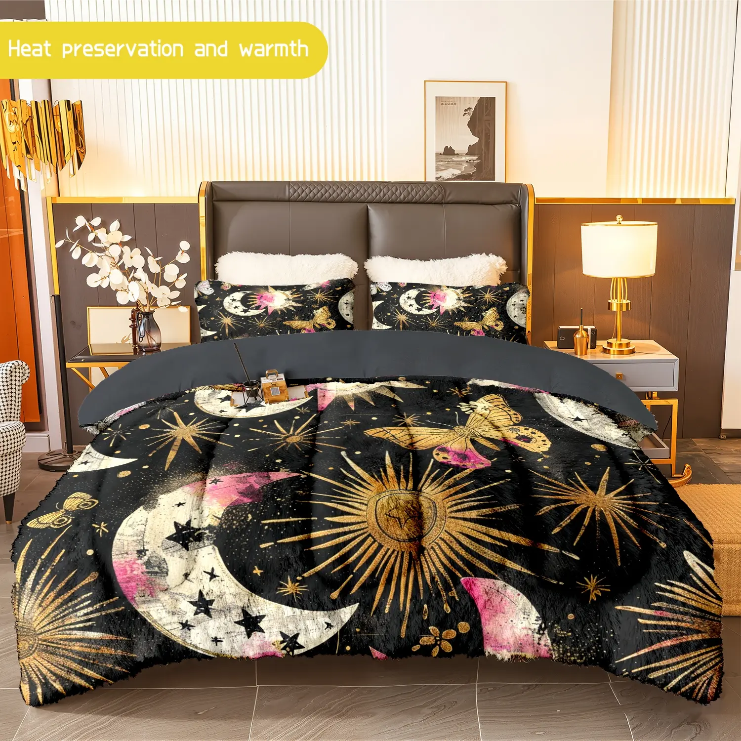3pcs (1 comforter + 2 pillowcases) Moon Sun Butterfly Flannel & Milk Velvet Comforter Set, Soft Warm Cozy Bedding Set for Adults, Trendy Bedding Essentials
