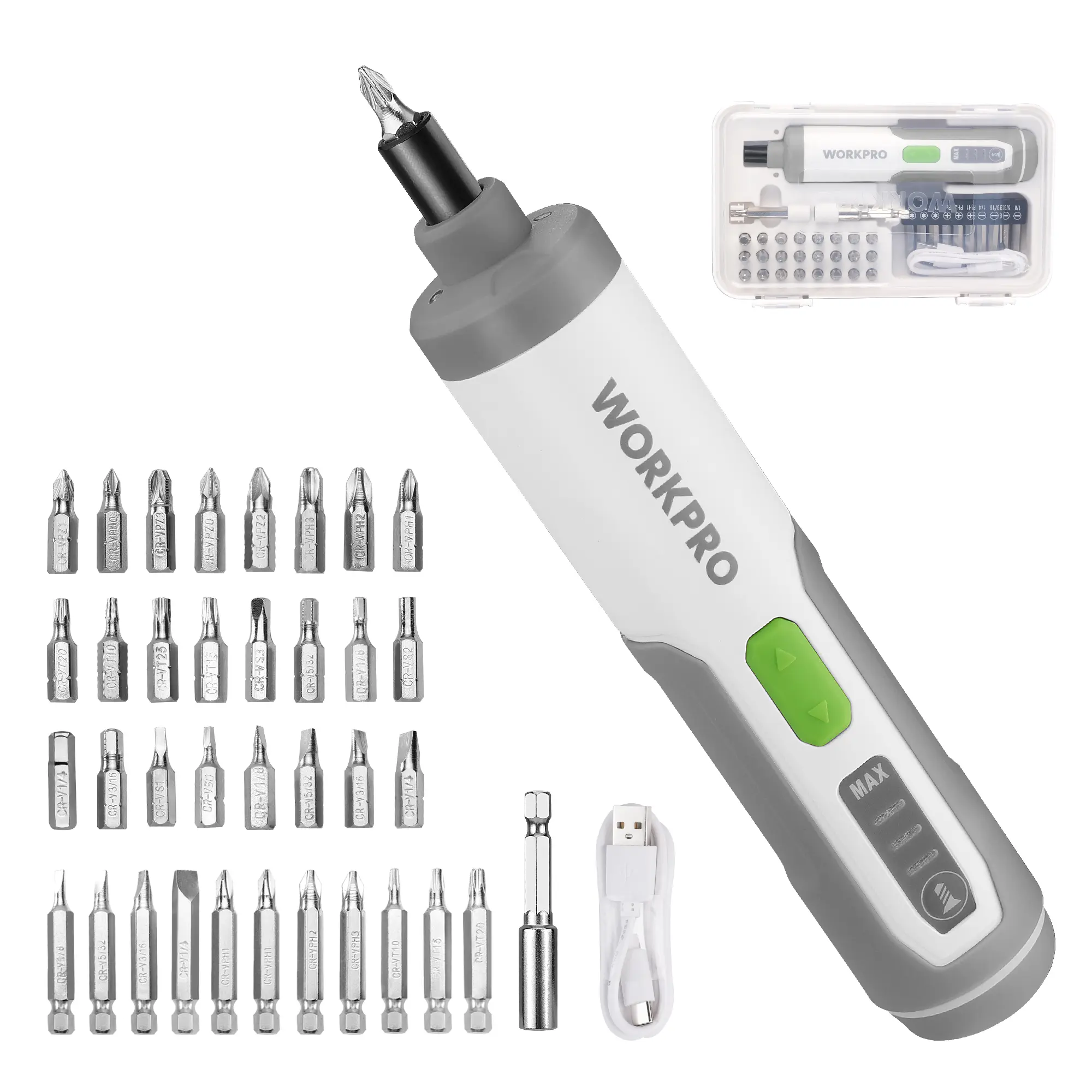 #summersale WORKPRO 4V Electric Screwdriver, Rechargeable Cordless Screwdriver Set with 35 Bits, Extension Rod, USB Charging Cable in Carrying Case, LED Light, White Gray