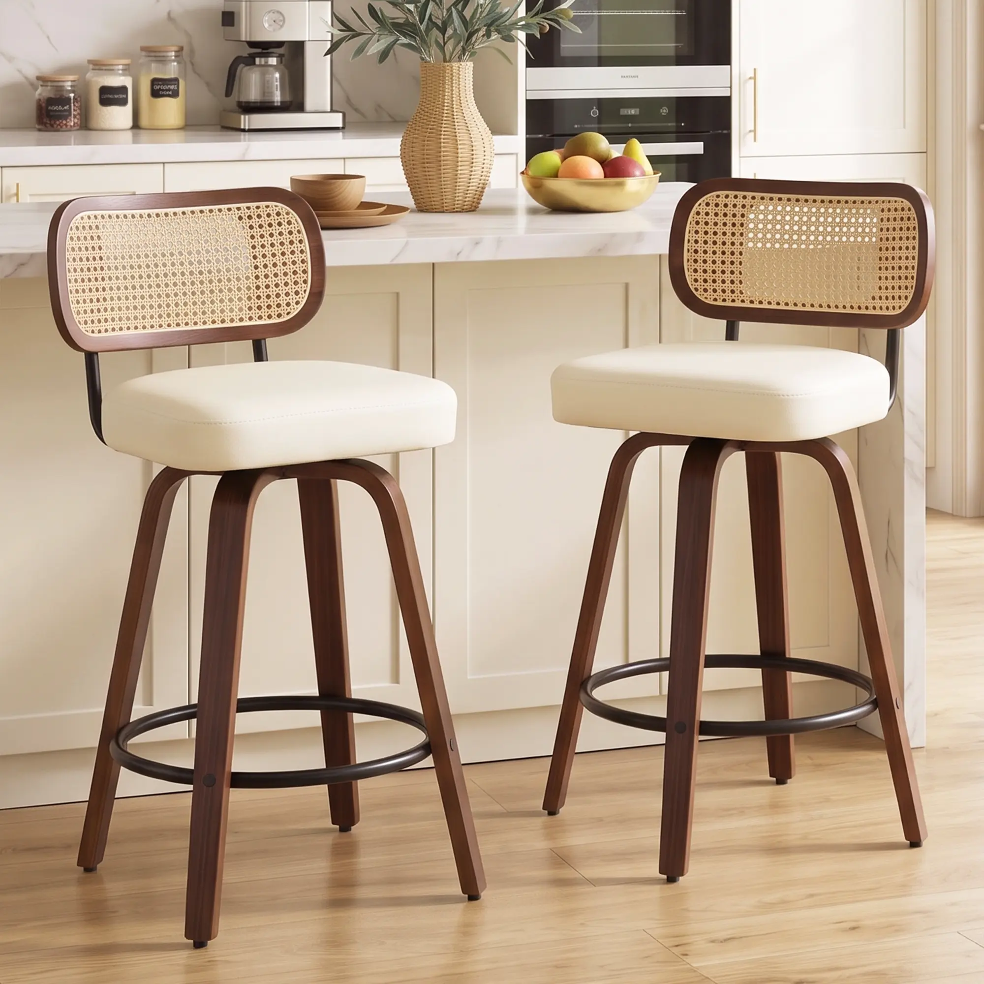Modern Swivel Bar Stool, 26" Counter Height Upholstered Chair with PU Leather/Linen Cushion, Rattan Back, Walnut Wood Legs and Metal Frame, 360° Rotation Kitchen Island Chair for Home Bar