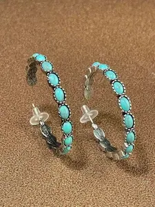 Western Style Turquoise Pendant Metal Large Oval Earrings, Vintage Statement Earrings, Bohemian Women's Delicate Hoop Earrings, 1 Pair