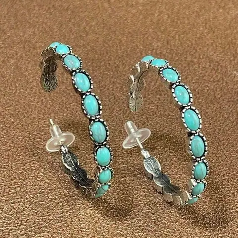 Western Style Turquoise Pendant Metal Alloy Material Large Oval Earrings, Vintage Fashion Statement Earrings, Bohemian Flair Women's Delicate Hoop Earrings, 1 Pair, Safe, Durable, Design, Wear