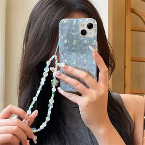 IPhone 13/16/17 Pro Max | Blue and White Small Floral | Small Fresh Chain | Best Friend Gift | Suitable for iPhone 11 12 13 14 15 16 17 Pro Max Cover