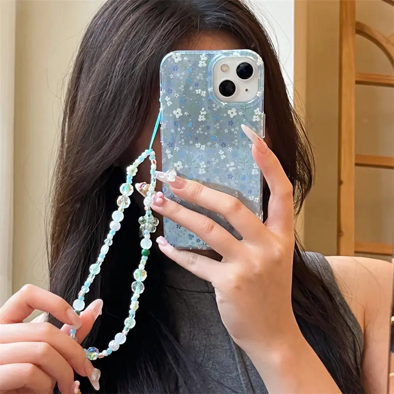 IPhone 13/16/17 Pro Max | Blue and White Small Floral | Small Fresh Chain | Best Friend Gift | Suitable for iPhone 11 12 13 14 15 16 17 Pro Max Cover