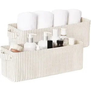 Narrow Storage Bins, Small Basket for Closet and Shelves, Fabric Organizer with Handles, Toilet Paper Storage, Khaki and Beige Stripes, 2-Pack