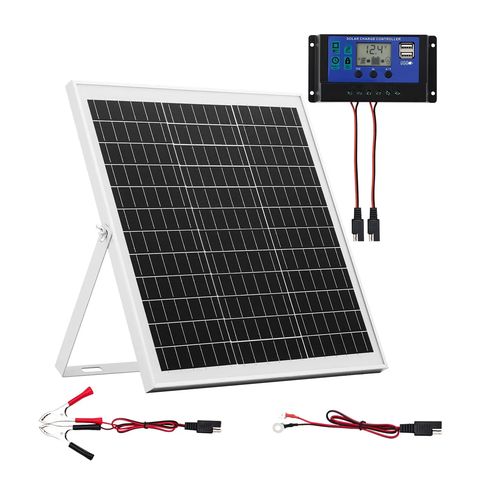 20W 12V Solar Panel Battery Charger and Trickle Maintainer with Intelligent MPPT Controller, Adjustable Mount Bracket, IP67 Waterproof, Suitable for Car, Boat, RV, Motorcycle, Trailer and Other 12V Lead-Acid Batteries