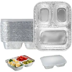 3 Compartment Aluminum Foil Takeout Trays with Paper Lids, 50 Pack Disposable Divided Meal Prep Containers for Full Meals, Portion Control & Takeout, 820ml / 28oz, 8" × 6" × 1.5"