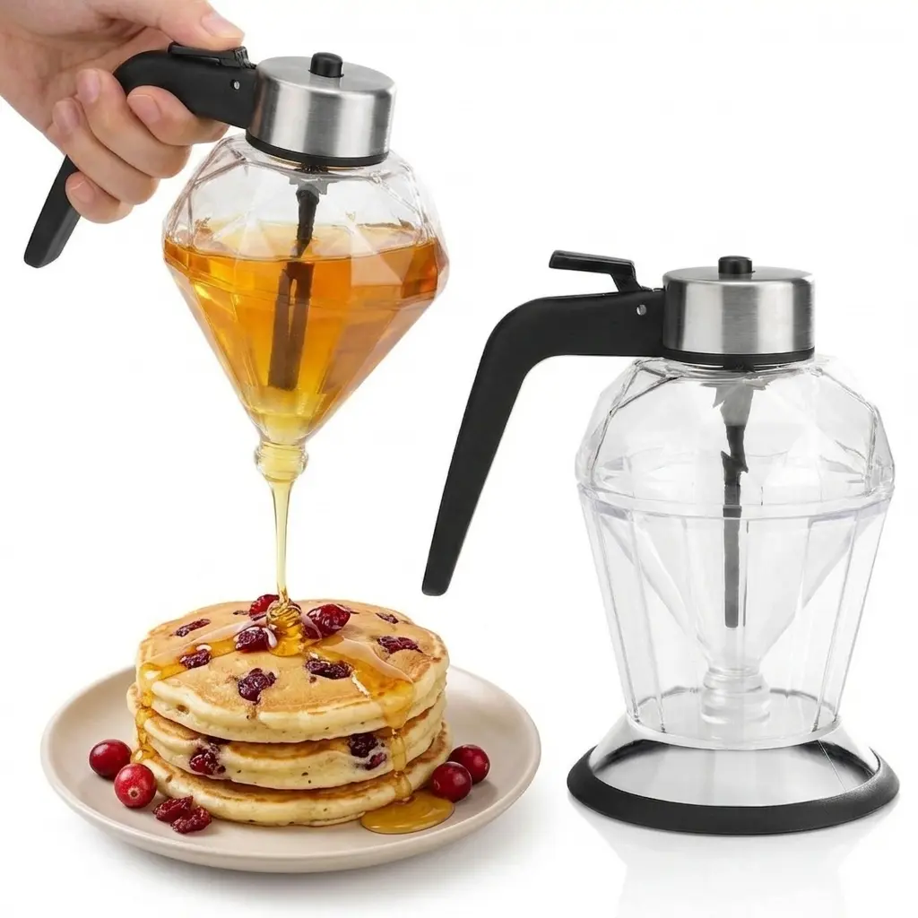 8 oz Diamond Glass Honey Dispenser - No-Drip Syrup Pourer with Plastic Stand, Modern Kitchen Utensil, Maintains Freshness, Minimalist Decor, Easy to Clean Mess-Free Seasoning Tool, Family Meals, Picnic