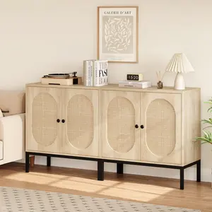 Set of 2 Natural Rattan & Solid Wood Sideboard Buffets, Storage Cabinets with 2 Doors & Height-Adjustable Shelves, Sturdy Metal Legs Accent Cabinet for Hallway, Living Room & Kitchen