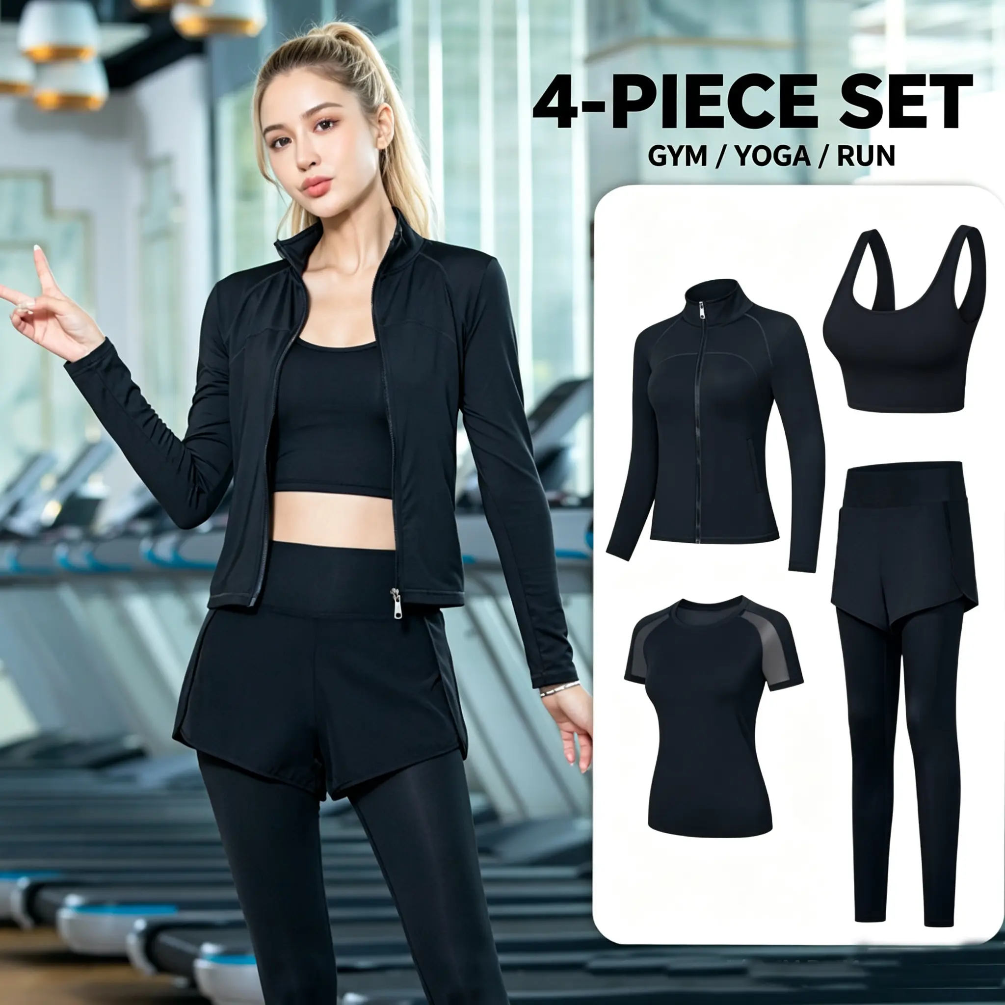 Women’s 4-Piece Athletic Fitness Set - Breathable, Highly Elastic, Moisture-Wicking, 4-Way Stretch Fabric, Faux 2-Piece Anti-Exposure Gym Outfit for Running, Yoga