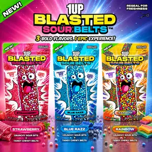 1UP Blasted    Pack 3-Pack Strawberry, Blue Razz & Rainbow Flavors Crunchy Coated Chewy  Candy  10.5oz Total Sweet Snack Bonbon Sour Belt Variety Mix