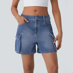 Halara Flex Low Rise Multiple Pockets Washed Stretchy Knit Denim Casual Cargo Shorts