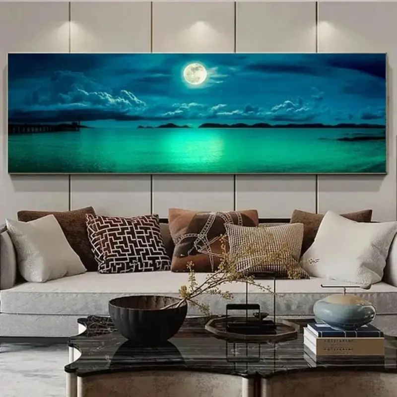 DIY Diamond Arts Colorful Painting Kit, Moon & Sea Pattern Diamond Arts Colorful Painting, Wall Art Decor for Home Living Room Bedroom