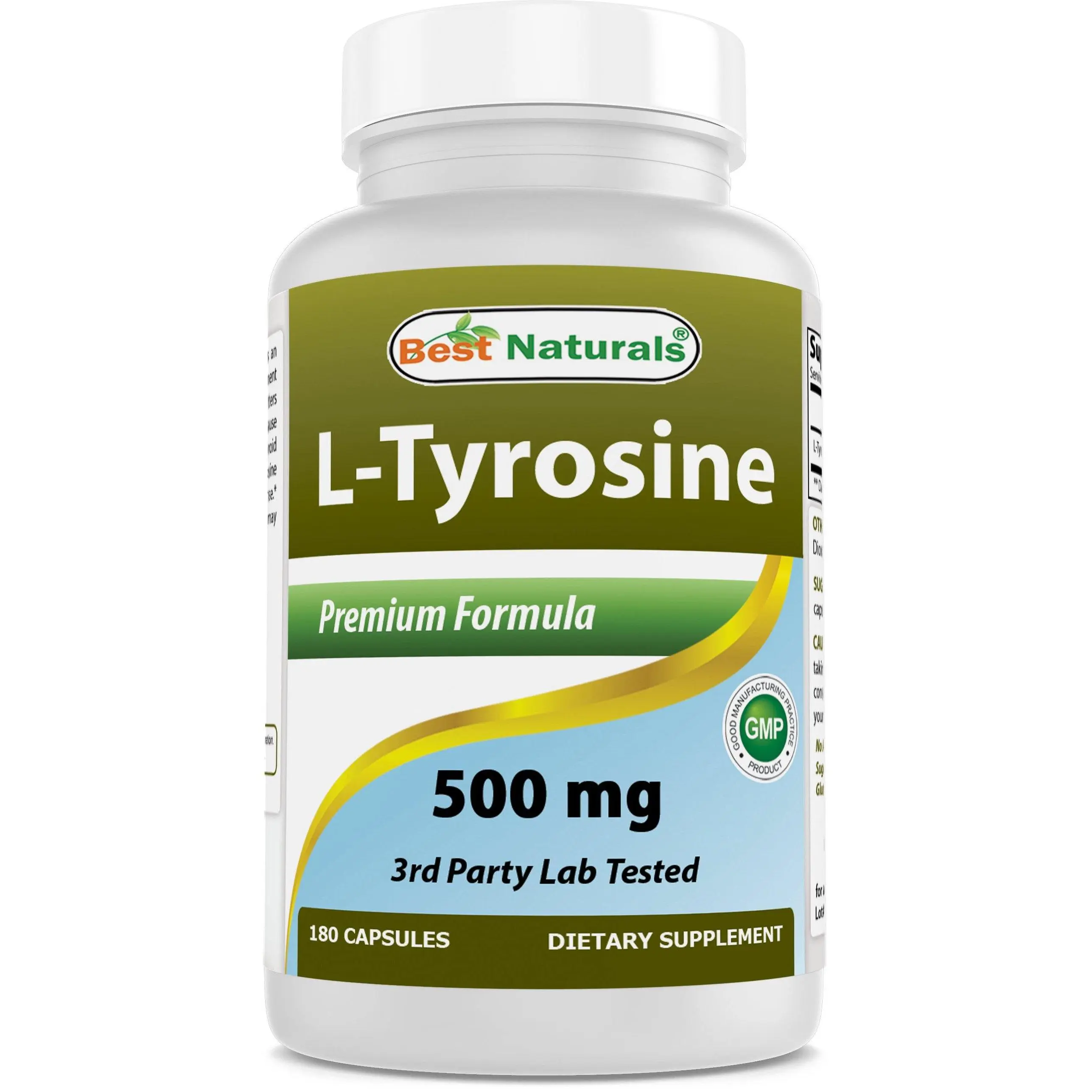 Best Naturals L-Tyrosine 500 mg 180 Capsules Premium Formula 3rd Party Lab Tested Non-GMO Gluten-Free Dietary Supplement