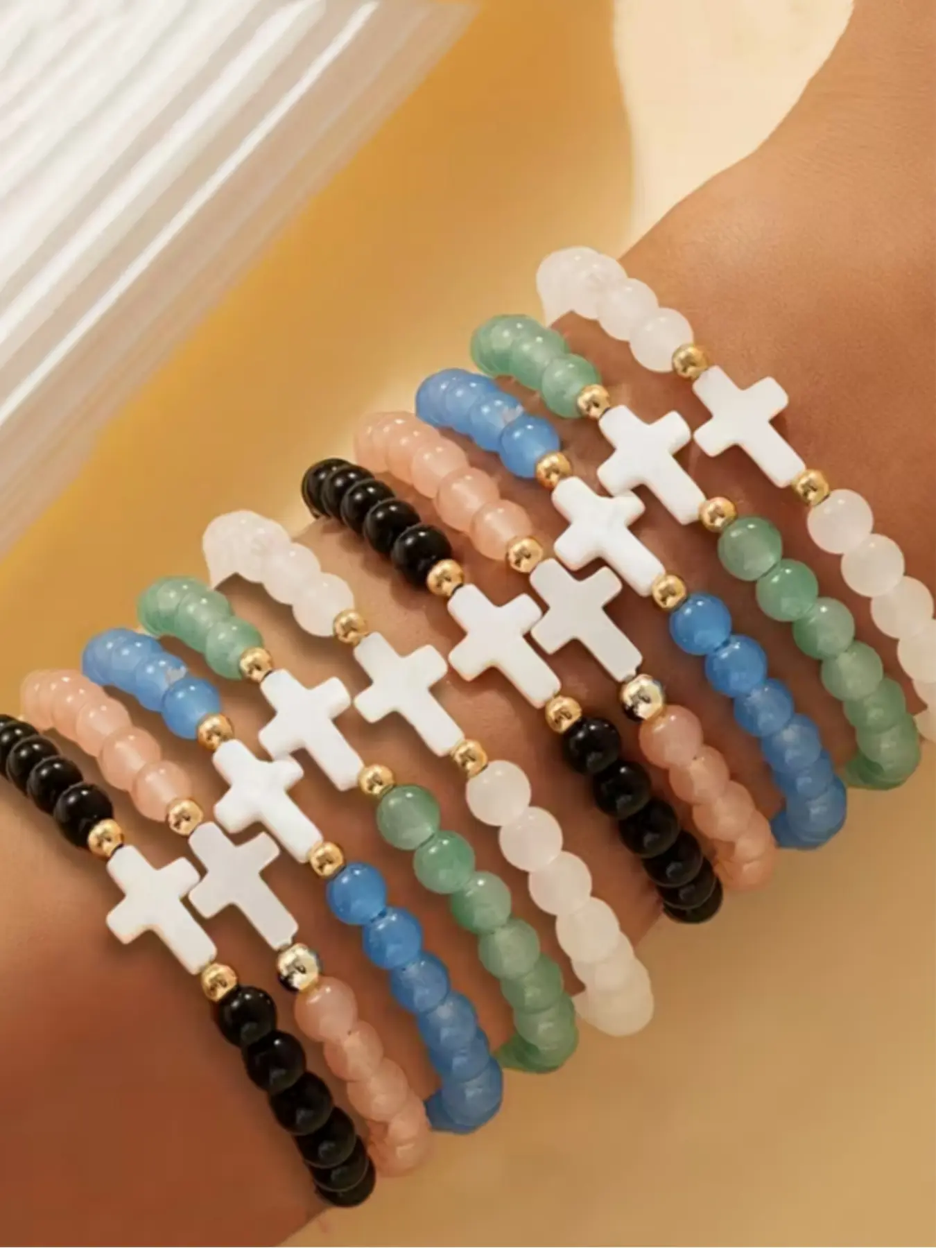 Bohemian Style Colorful Glass Bead Stackable Bracelets Set, Layered Bracelet Set, Multi-Layer Cross Religious Jewelry, Unisex Daily Wear, Perfect Gift, Cross Charm Bangle, Stacking Bracelet, Stackable Boho Bracelets, Stackable Beaded Bracelet