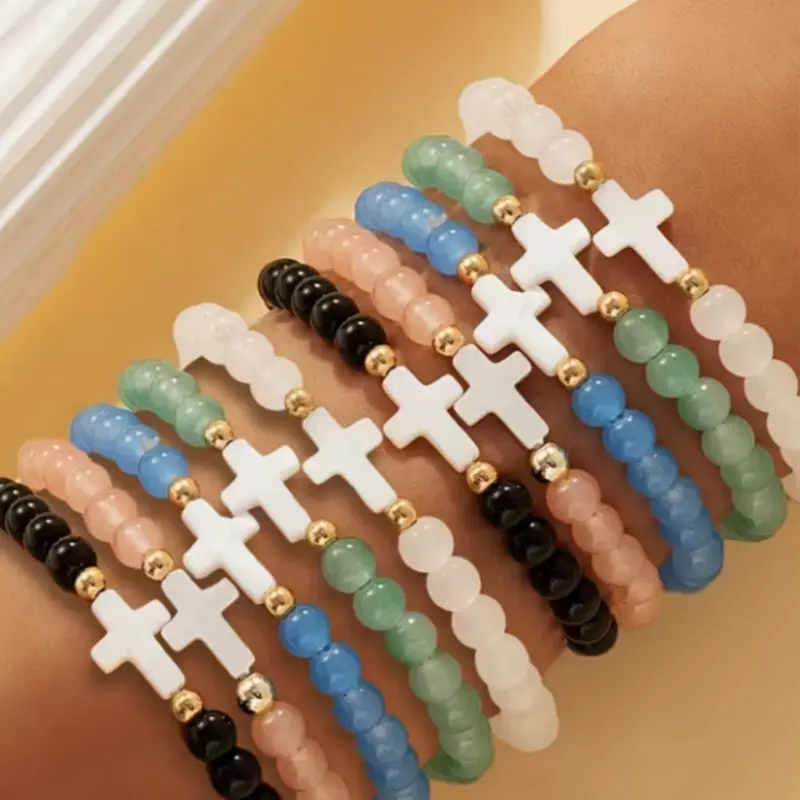 Bohemian Style Colorful Glass Bead Stackable Bracelets Set, Layered Bracelet Set, Multi-Layer Cross Religious Jewelry, Unisex Daily Wear, Perfect Gift, Cross Charm Bangle, Stacking Bracelet, Stackable Beaded Bracelet, Stacked Design Bracelets