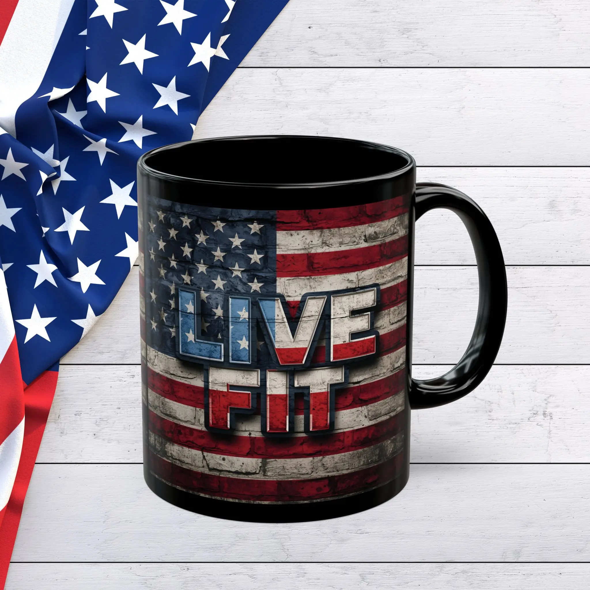 Sleek LIVE FIT Design -  American Flag Backdrop  - Fitness Black Ceramic Mug - Patriotic Red White Blue Coffee Cup, Gym Lover Gift, 4th of July Decor, Americana Drinkware, Motivational Mug