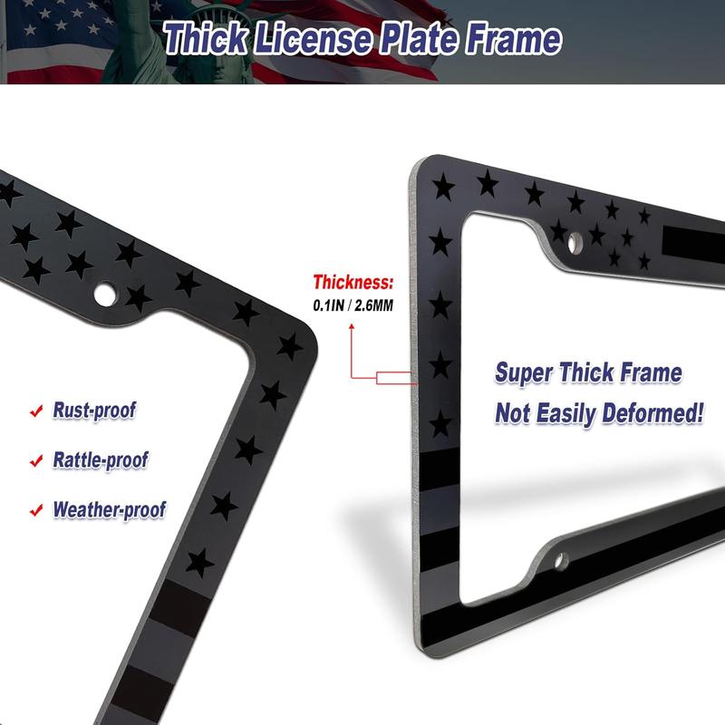 Flag License Plate Frames- 2 Pack Black Grey Patriotic  Aluminum  Tag Holder Cover for Front Rear, with Screws Caps