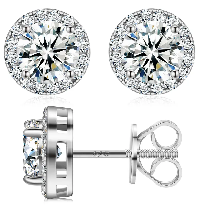 S925 Halo VVS Round Cut Synthetic Moissanite Stud Earrings Screw Back Halo Synthetic Moissanite Earrings Jewelry Perfect Birthday Gift Men's Women's Silver Studs Gold Studs Wedding Set E103 summerwins[D1 E103 ] Circle Shape Earrings Shining Earrings