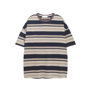 Men's Vintage American Retro Striped Drop Shoulder T-Shirt - Relaxed Fit Casual Short Sleeve Crewneck Top with Horizontal Stripes in Brown/Beige/Gray