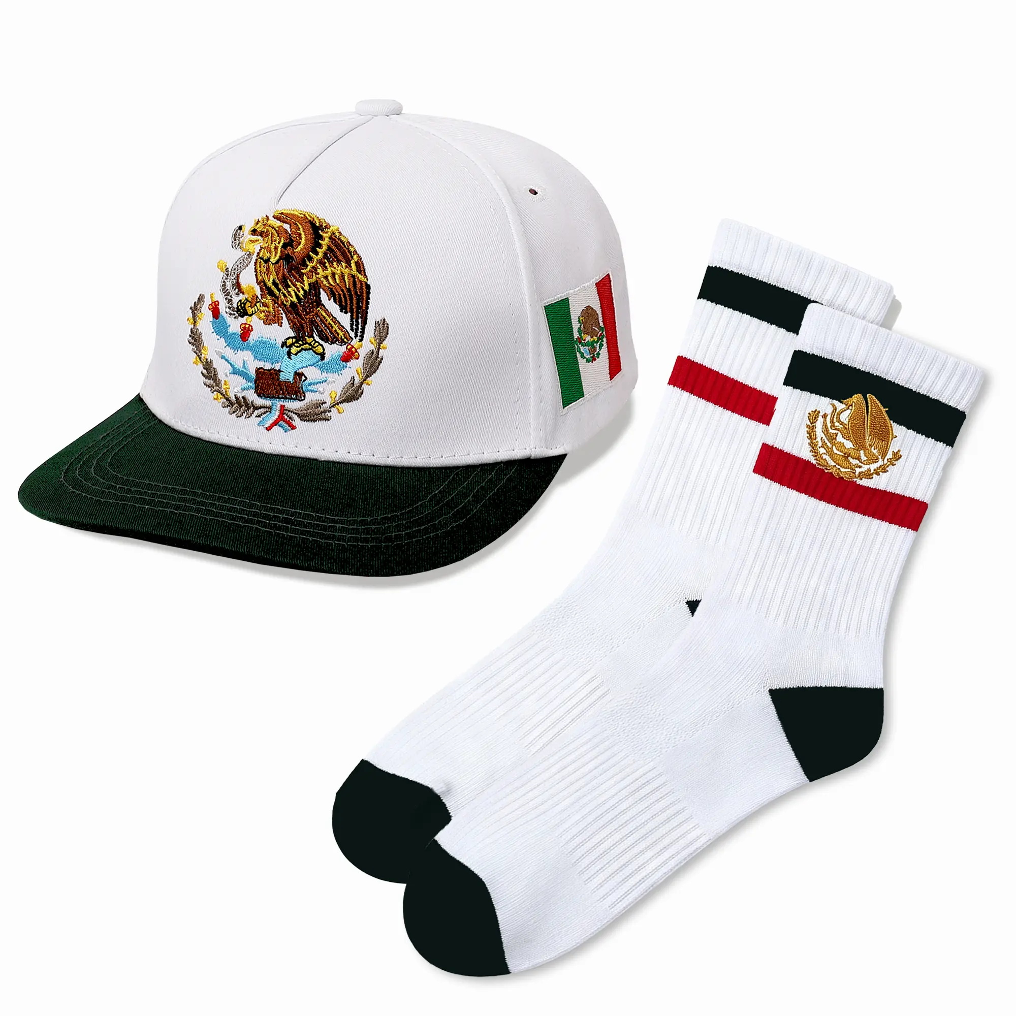 Mexico Eagle Embroidered Baseball Cap & L-Size Crew Socks Set - Latino Culture Streetwear Accessory for Daily Wear & Celebrations