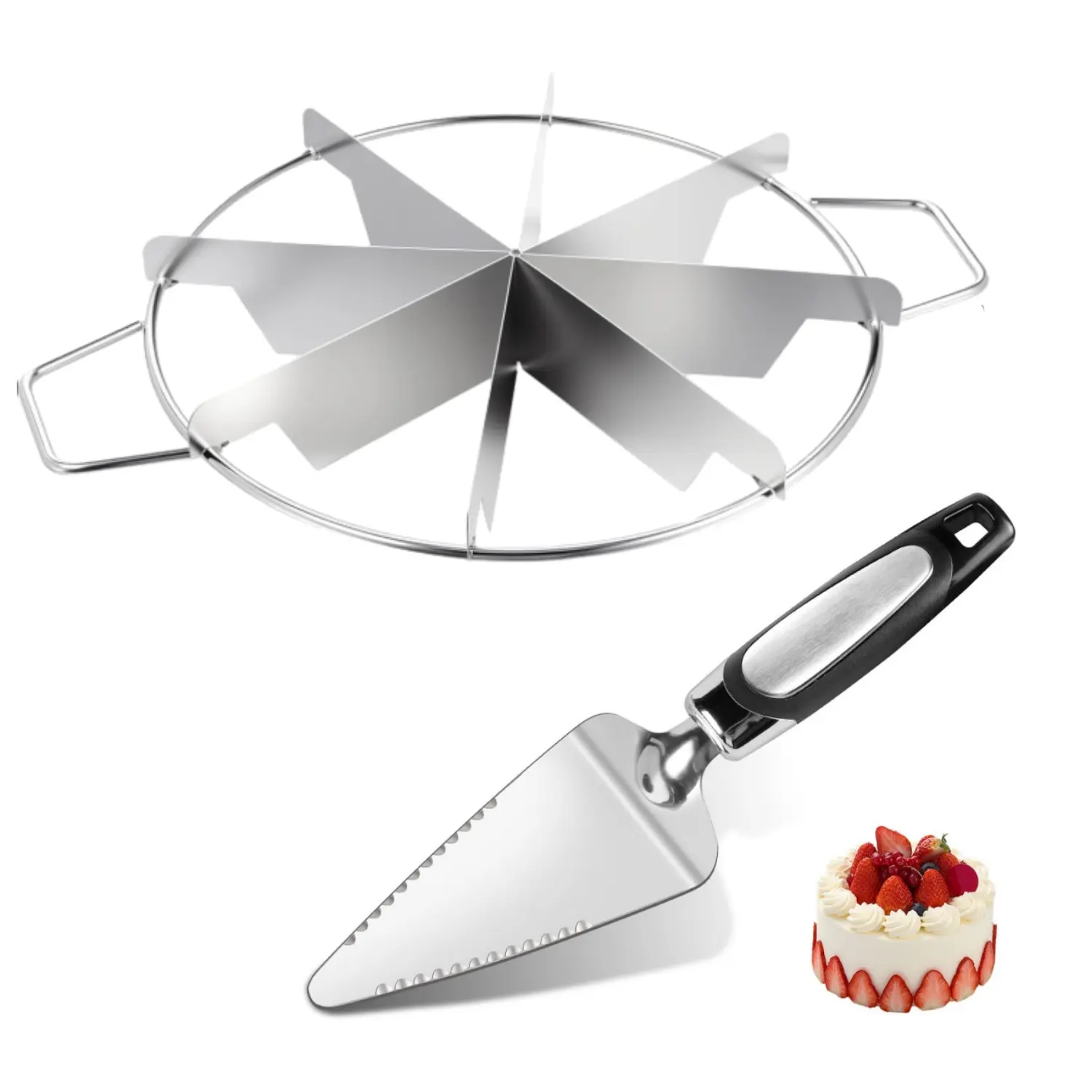 8-Slice Stainless Steel Pie Cutter, Bilateral Serrated Cake Cutter Spatula, Non Stick Pie Slicer Round Cake Cutter with Handle Can be Cut Into 8 Perfectly Evenly Shaped Pies