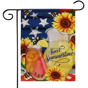 Sweet Summertime Sunflower Bee Garden Flag 12x18in, Double-Sided Patriotic Summer Yard Decor, Watermelon Lemonade Outdoor Banner for Patio Porch