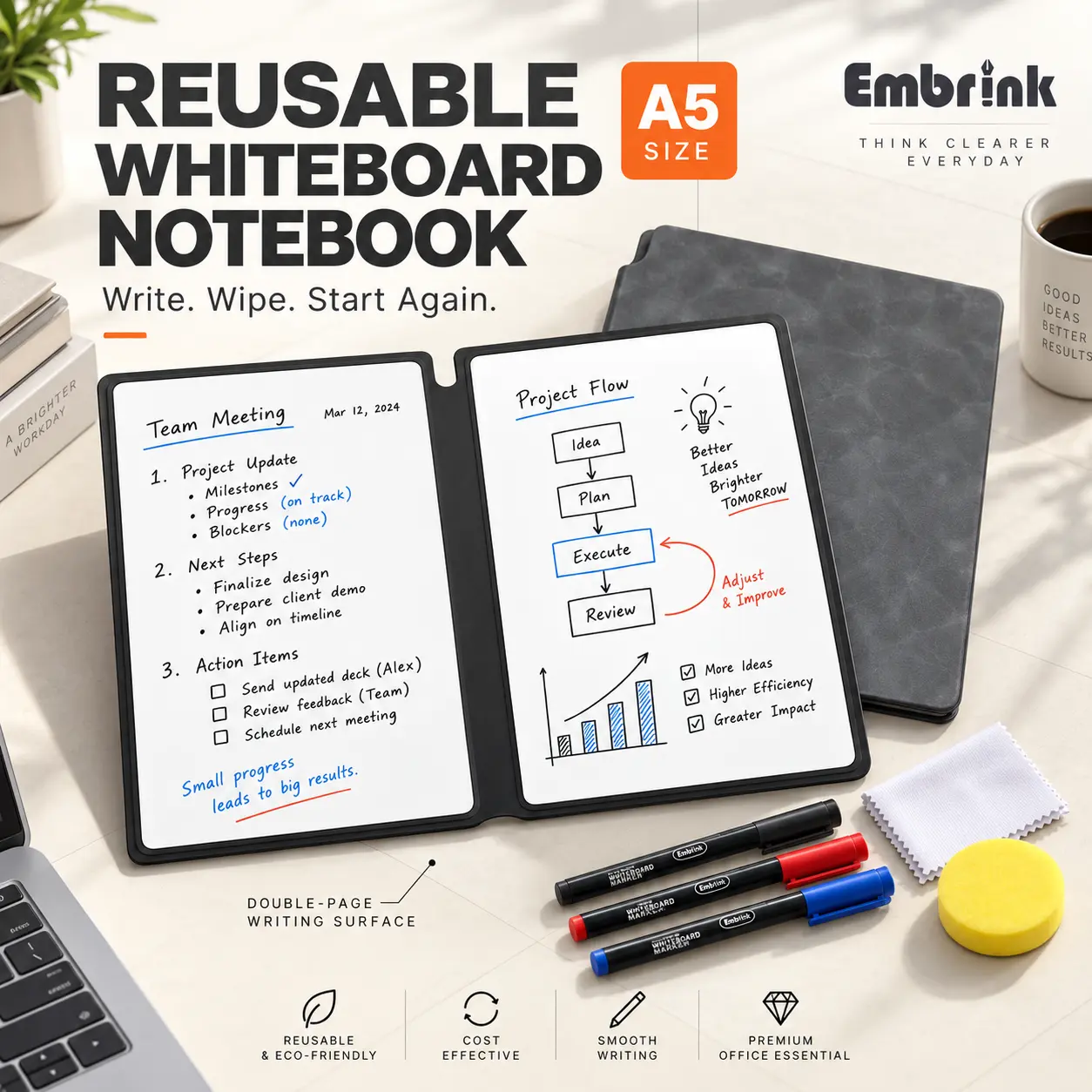 A5 Reusable Dry Erase Notebook Set, Lay-Flat Double-Sided PET Whiteboard Pad with 0.5mm Fine-Tip Markers & Cleaning Cloth, Portable Faux Leather Scratch Pad for Math Practice, Notes, Doodles, School, Office, Home, Travel & Study