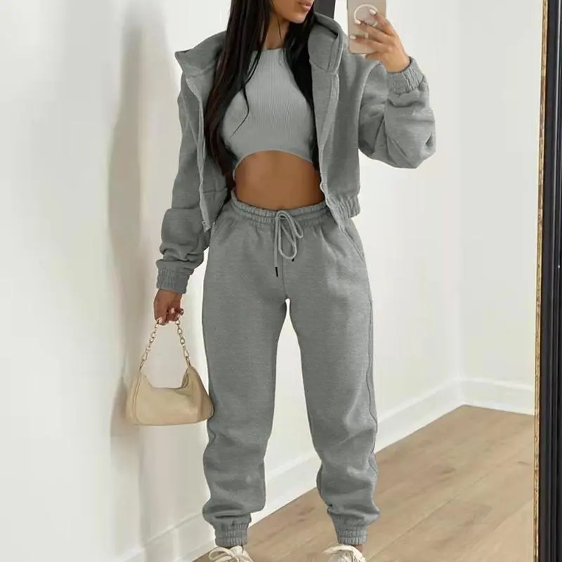 Women 3 Piece Sets Casual Long Sleeve Zip Hoodies+Ribbed Tank+High Waist Sweatpants Jogger Pant Suits Sporty Three Pieces Outfit tracksuit set