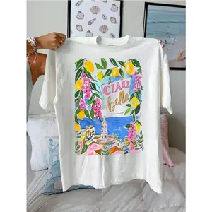 Ciao Bella Lemon Floral Graphic Tee Women Oversized Summer Vacation Shirt Casual Cute Soft Short Sleeve Crewneck Top For Travel Beach Outfit
