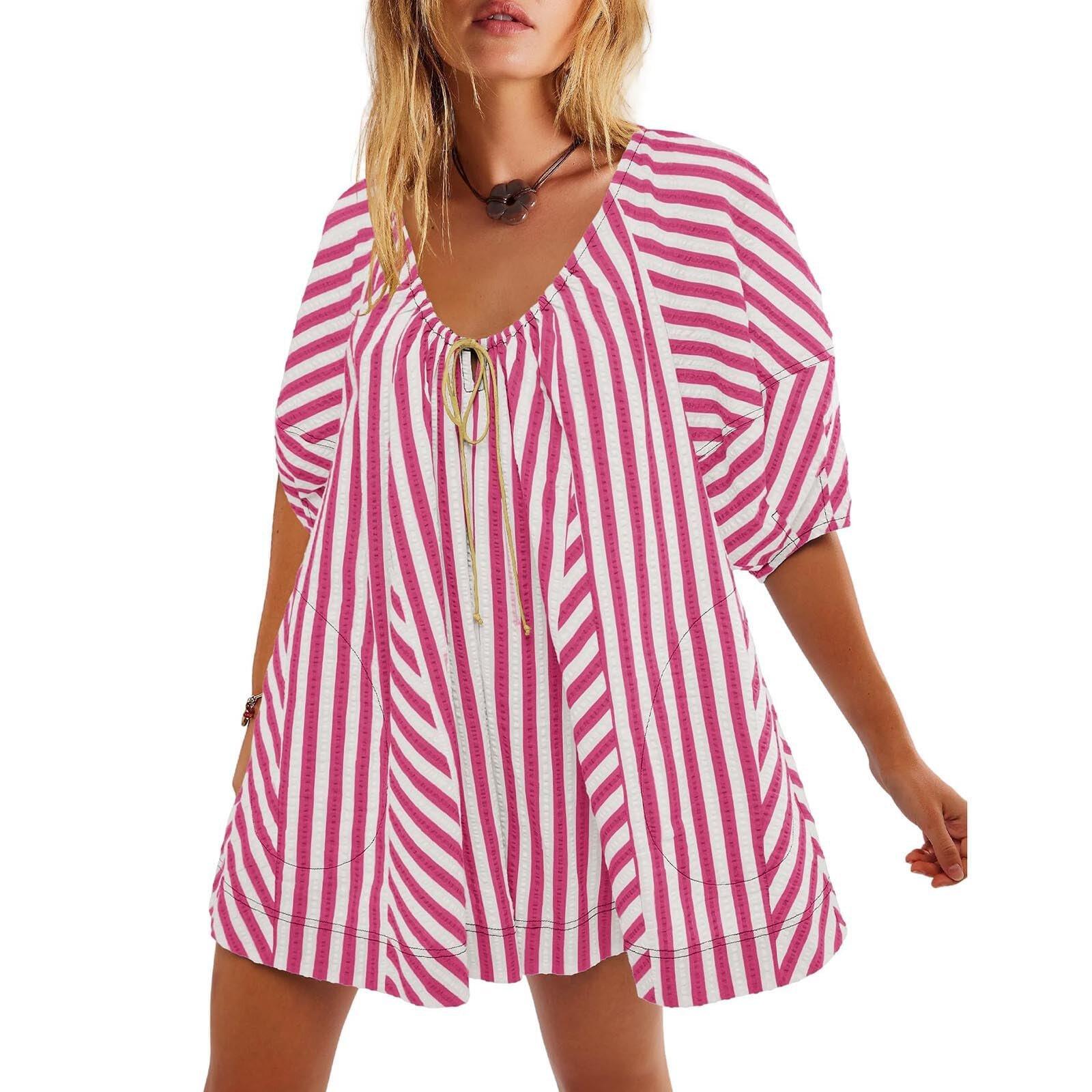 Women's Striped V-Neck Romper, Casual Loose Tie Front Wide Leg Short Jumpsuit, Flowy Summer Vacation Outfit