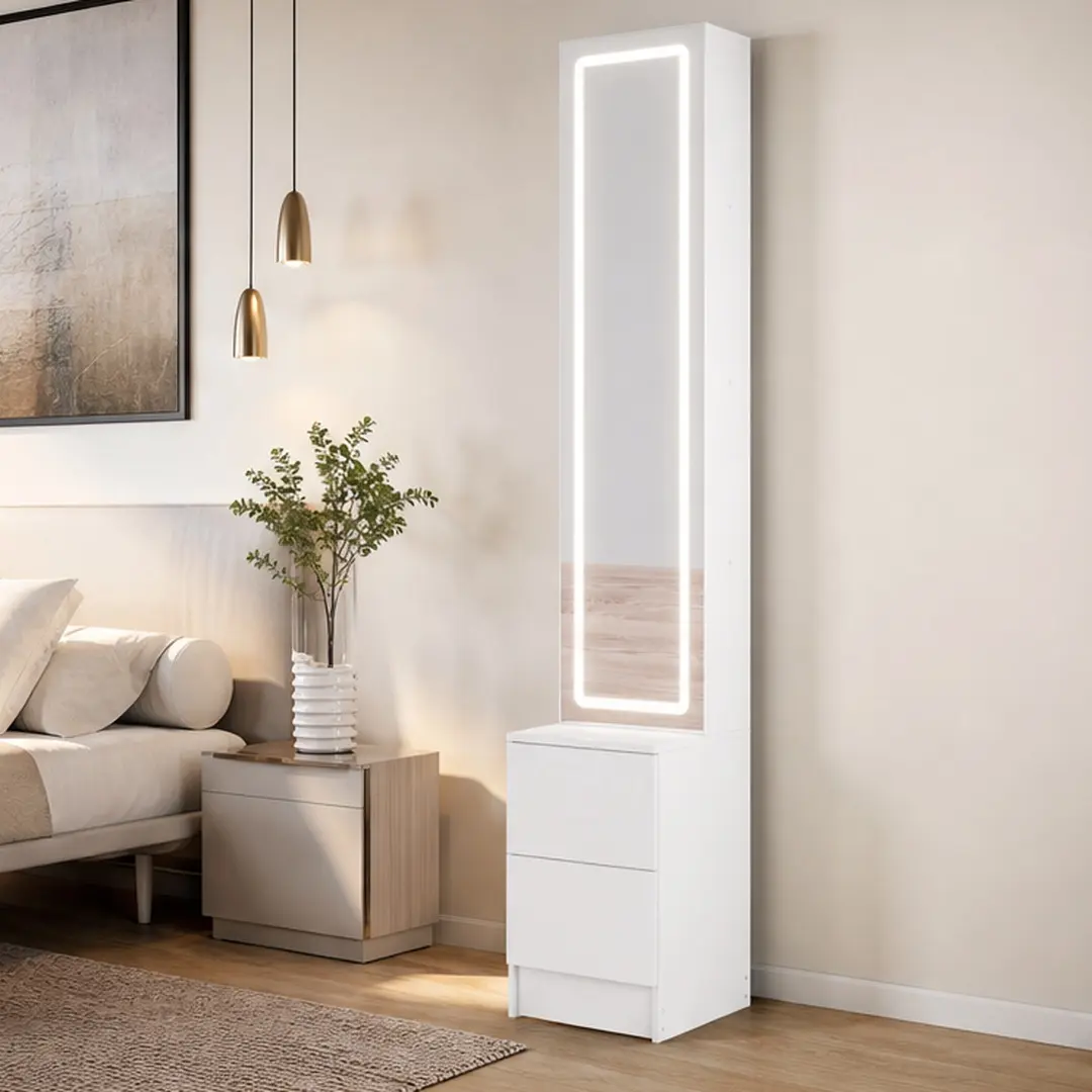 LED Dressing Mirror Cabinet with Lights, 63in Tall Cosmetic Organizer Jewelry Storage, Adjustable Brightness 3 Color Modes, Extra Large Mirror Multi Layer Shelves, White MDF Freestanding Vanity for Bedroom, White Color Options