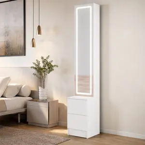LED Dressing Mirror Cabinet with Lights, 63in Tall Cosmetic Organizer Jewelry Storage, Adjustable Brightness 3 Color Modes, Extra Large Mirror Multi Layer Shelves, White MDF Freestanding Vanity for Bedroom, White Color Options