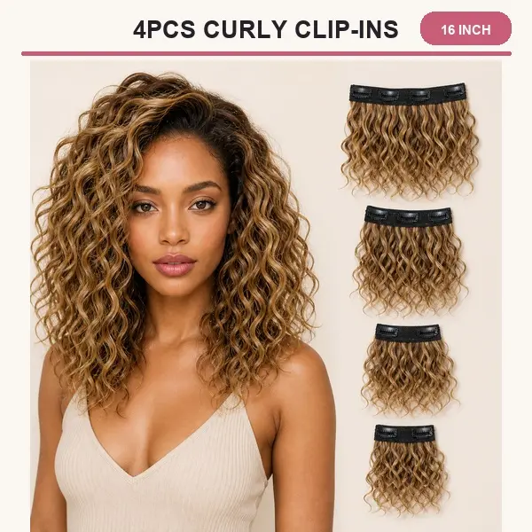 MeltLab 4PCS 16 Inch Clip in Curly Hair Extensions Brown with Blonde Highlights for Woman and Girl, Wear and Go Daily Party Use, Balayage Highlight Invisible Weft Wavy Synthetic Hairpieces, Tangle-Free Secure Fit, Thick Soft Heat Resistant