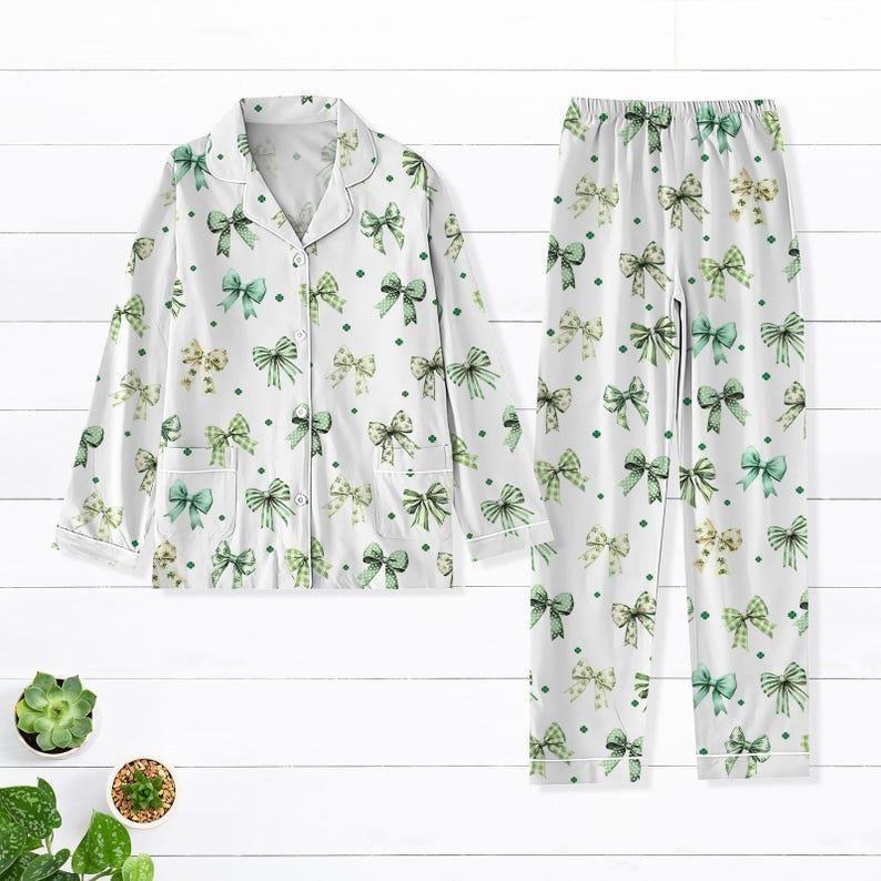 Coquette Patrick's Day Bow Pajamas Set, Shamrock Lucky Bow Pajamas, Irish Patrick Holiday Pajamas, Green Day Sleepwear, Lucky Gifts W