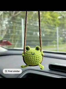 Holiday Haul Charming Crochet Frog Car Mirror  Hanging Ornament - Green Smiling Frog with Braided Rope Swing Design, Handmade Fabric Auto & Bag Decoration, Playful Frog Decor, Frog Gifts, Car Trinkets