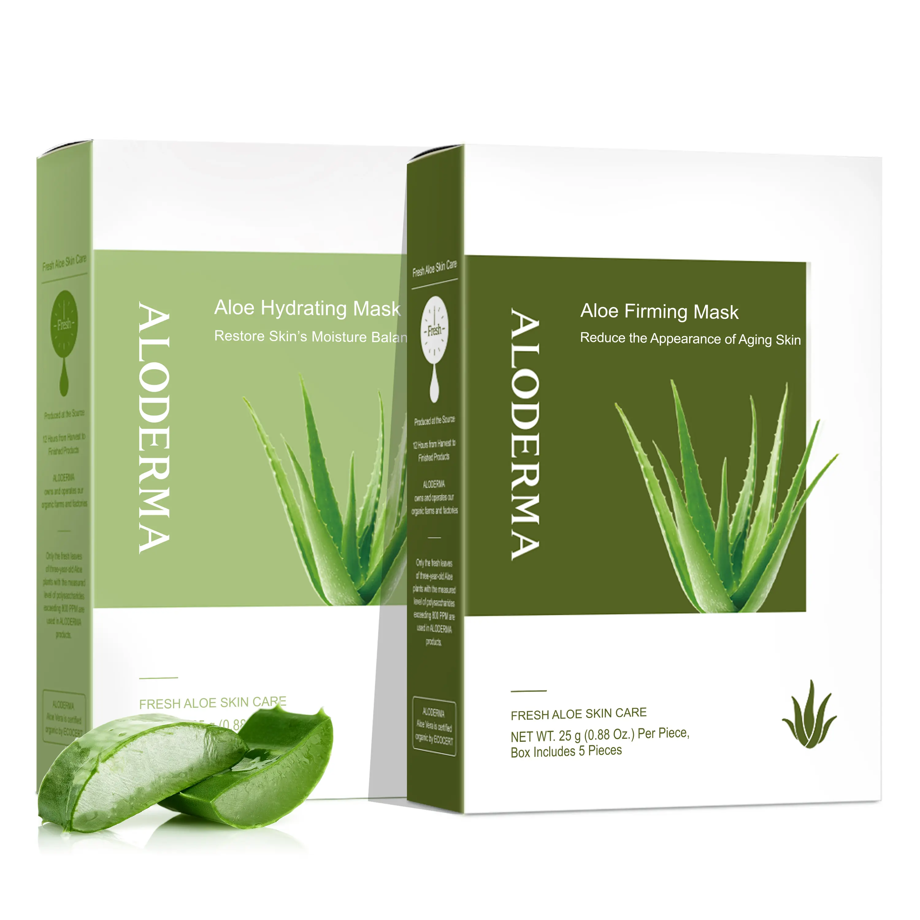 Aloderma Aloe Face Sheet Mask Set, 2 Pack - Made within 12h of Harvest - Hydrating Mask, Firming Mask