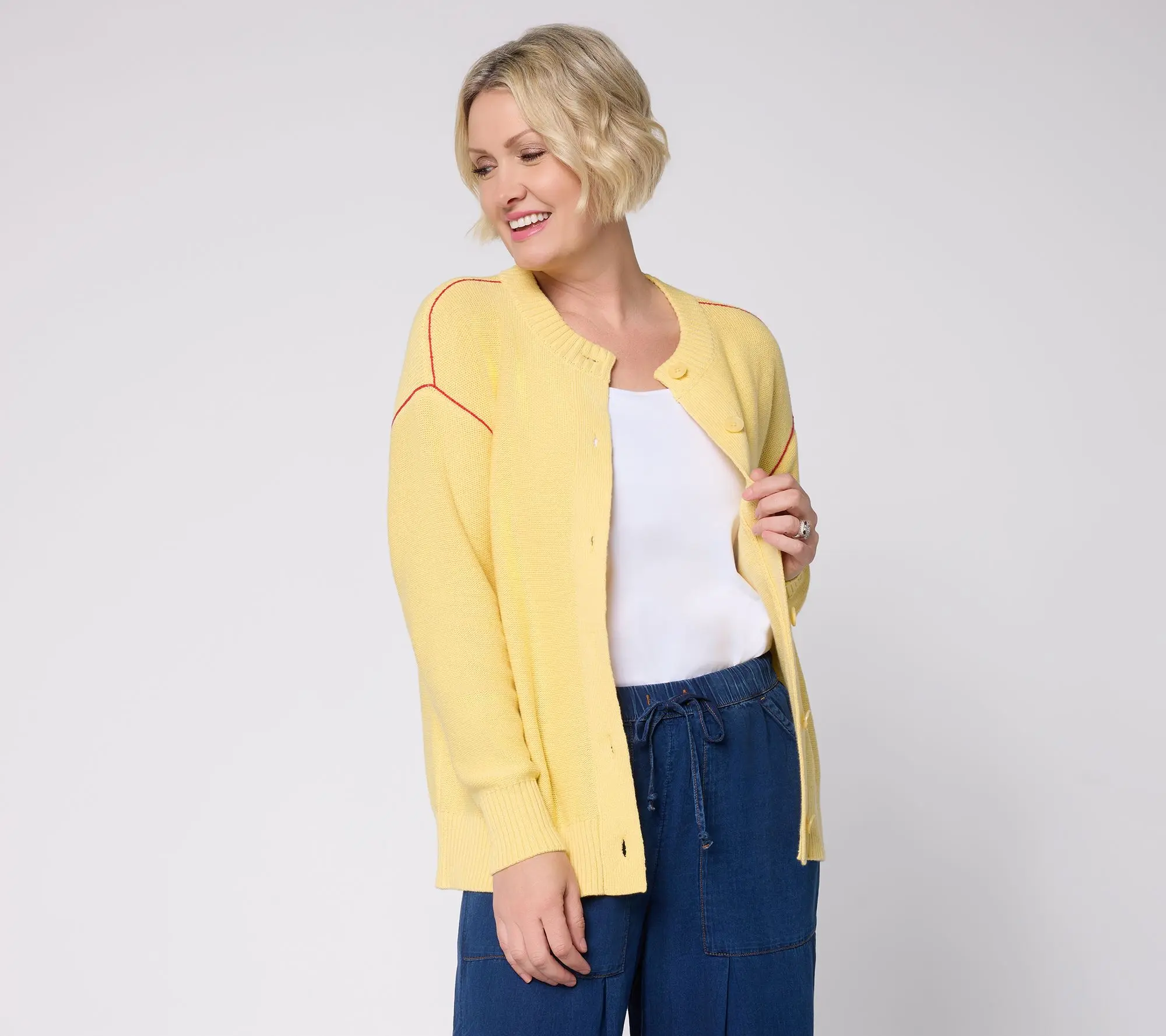 Peace Love World Relaxed Cotton Cardigan with Contrast Stitch