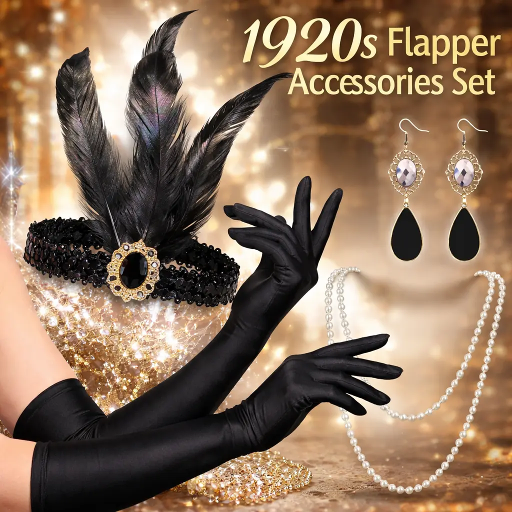 Women's 4pcs 1920s Flapper Accessories Set - Satin Sparkly Elastic Necklace, Sequin Feather Headband, Wave Straight Earrings, Great Gatsby Halloween Party Bob Straight Hair Surprise Accessory
