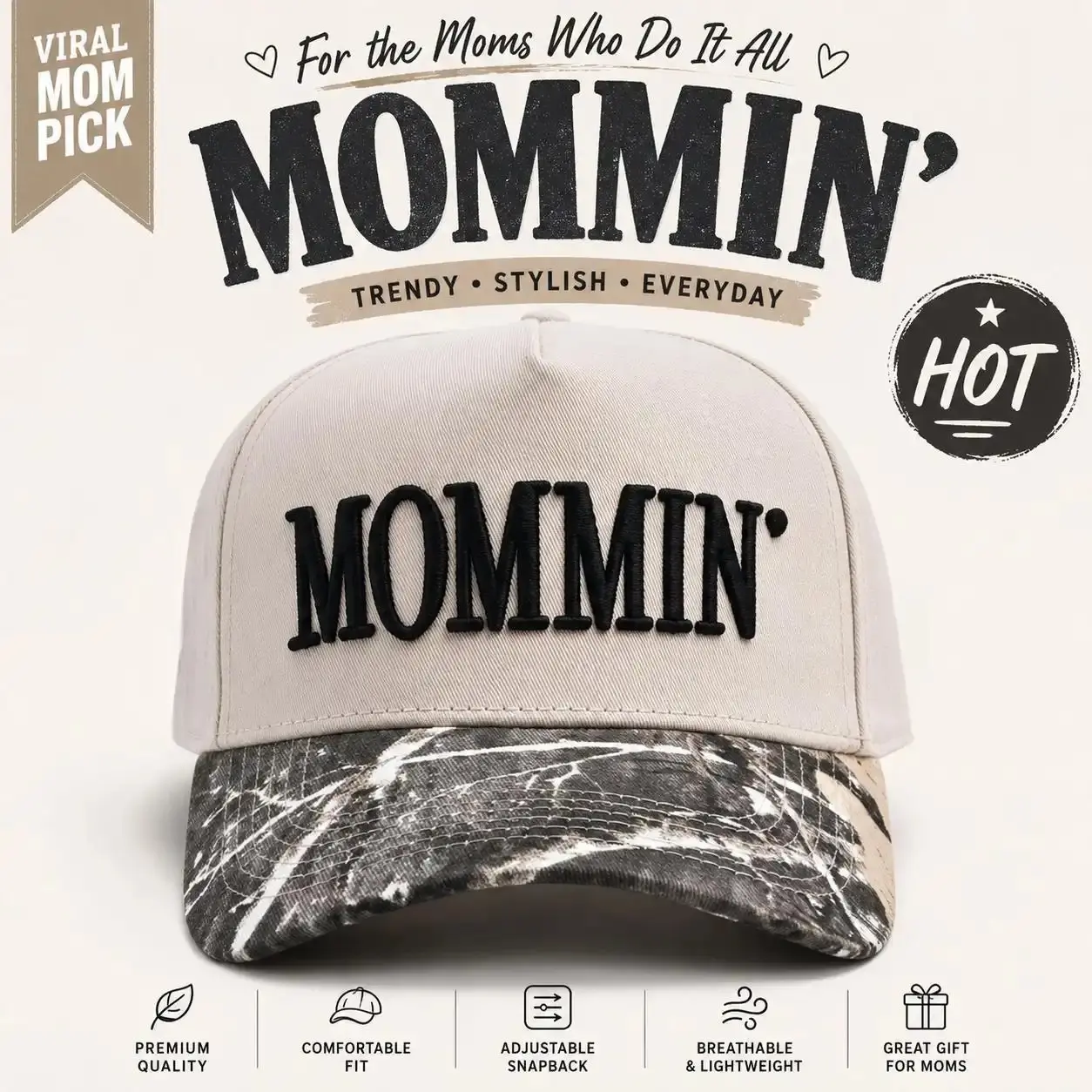Women's MOMMIN’ Trucker Hat - Camo Mama Life Baseball Cap, Adjustable Snapback, Accessories for Women, Festive Party Gift for Mother's Day Baby Shower Birthday Everyday Summer Wear, Hats For Women