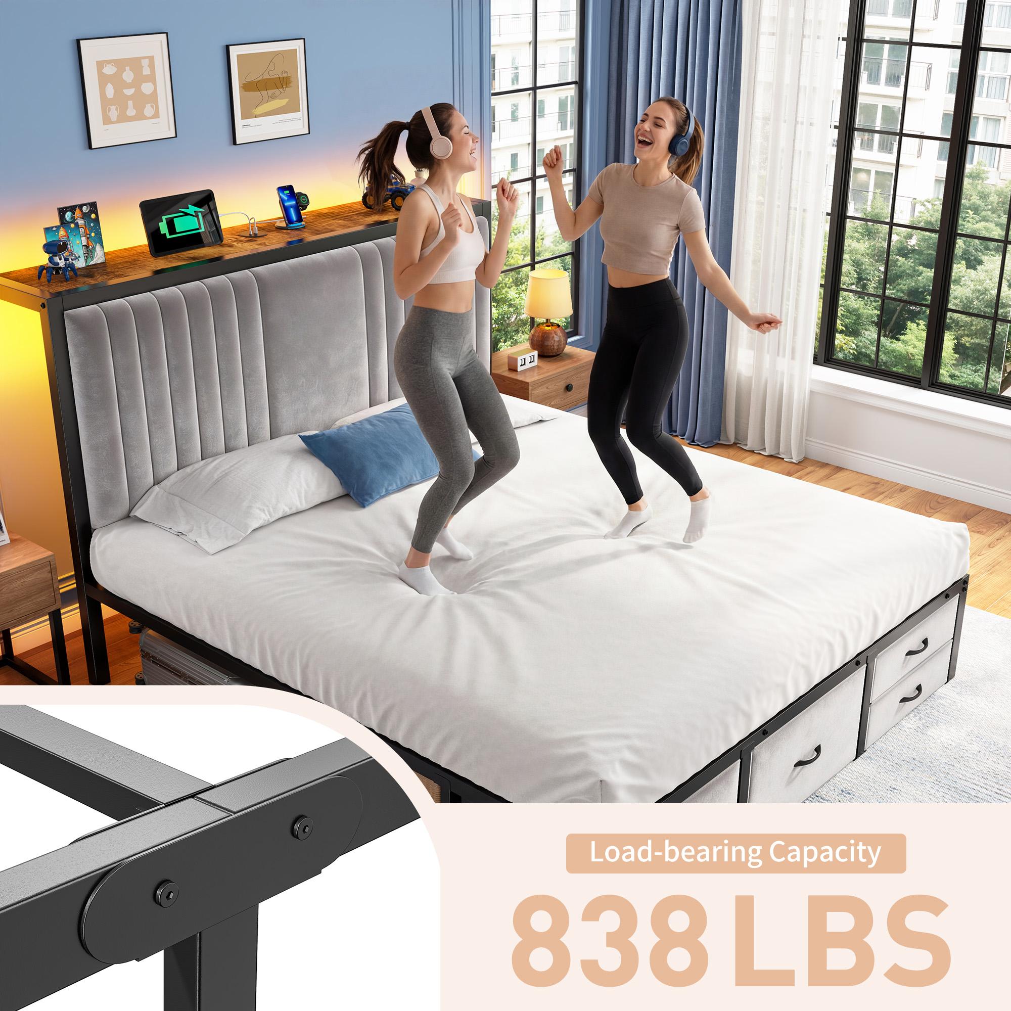 【Storage Bed】Modern King/Queen/Full Size Bed Frame with 5 Storage Fabric Drawers,Luxury Upholstered Platform LED Metal Bed Frame with Built-in Charging Station & Shelf on Headboard,13.39" Under Bed Space for Apartment,Dorms,Attic,Guestroom,838LBS Capacity