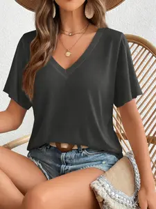 Elegant Casual Women's V Neck Batwing Sleeve T Shirt Loose Fit Tee Trendy Solid Color Top for Summer Vacation Daily Streetwear