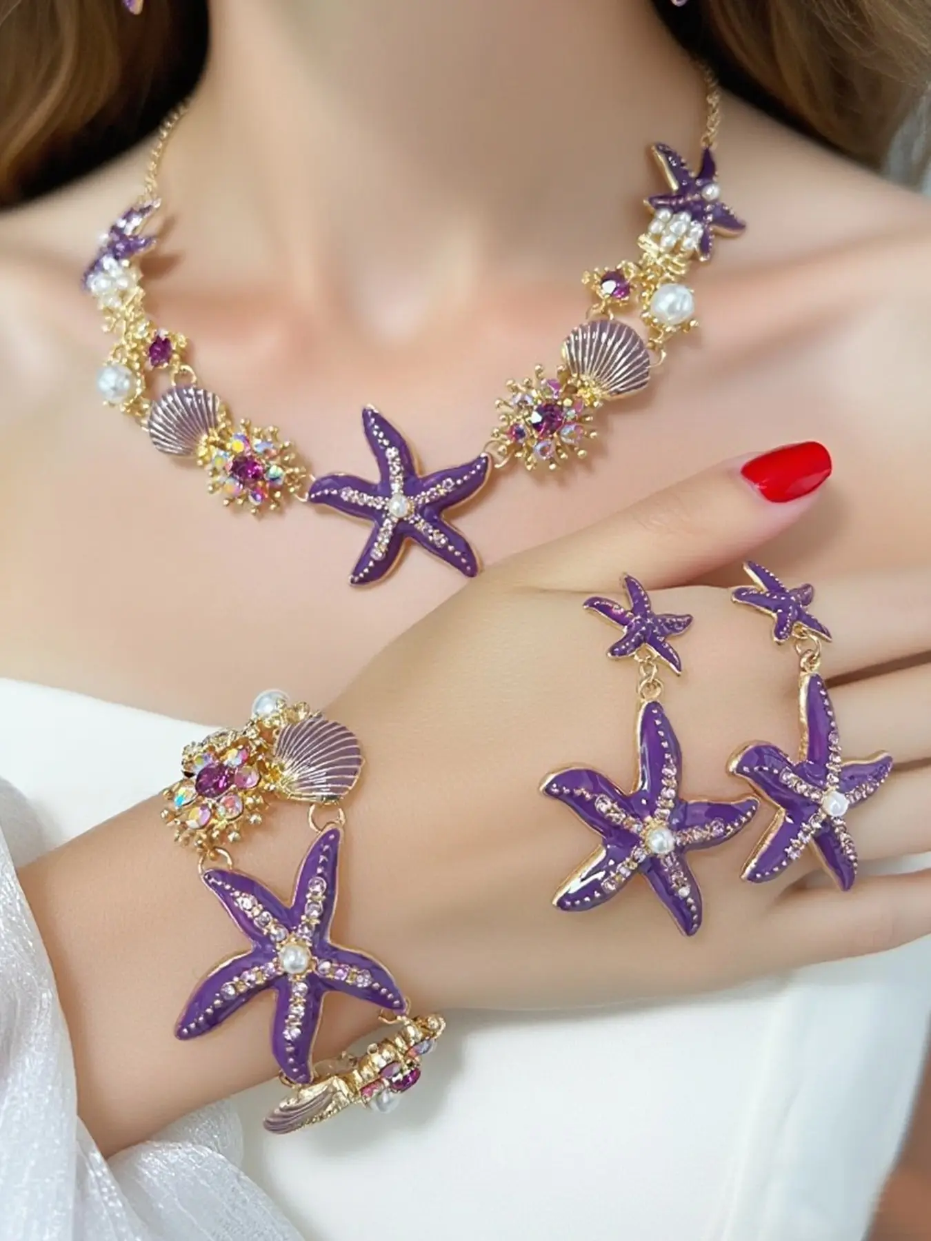 Starfish Shell Necklace Earrings Bracelet Set, Ocean Style Sweet Girl Jewelry, Essential for Cute Girls, Matching Jewelry Set, Fashionable Jewelry Set, Fashion Accessory