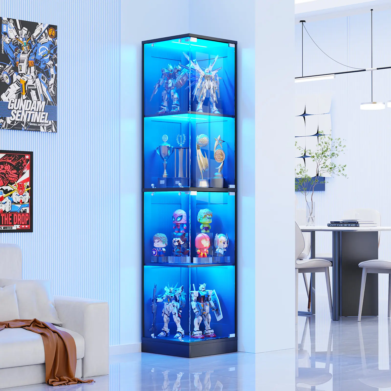 BROTTAR Contemporary Black Freestanding Wood Corner Display Cabinet - 4-Shelf Curio with Glass Doors, 3-Color LED Motion Sensor Lighting, Assembly Required, Stable Storage for Collectibles, Bedroom & Office Use, 4-Shelves