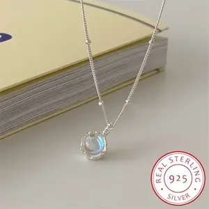 Exquisite moonstone pendant necklace, minimalist 925 sterling silver round niche design, feminine and high-end clavicle chain, versatile and elegant jewelry gift for women, daily wear clothing accessories