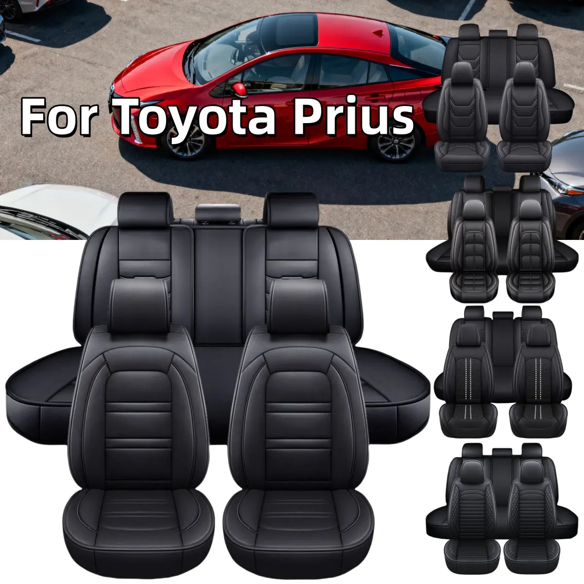 For Toyota Prius 2003-2025 4 Door 5 Seater Car Seat Cover Full Set Front Rear Cushion Protector Anti-Slip Mat Black, Removable Front Headrest Cover, Non Removable Rear Headrest Cover, Car Interior Decoration Accessories, Ice Silk/Linen/Napa/PU Leather Pad