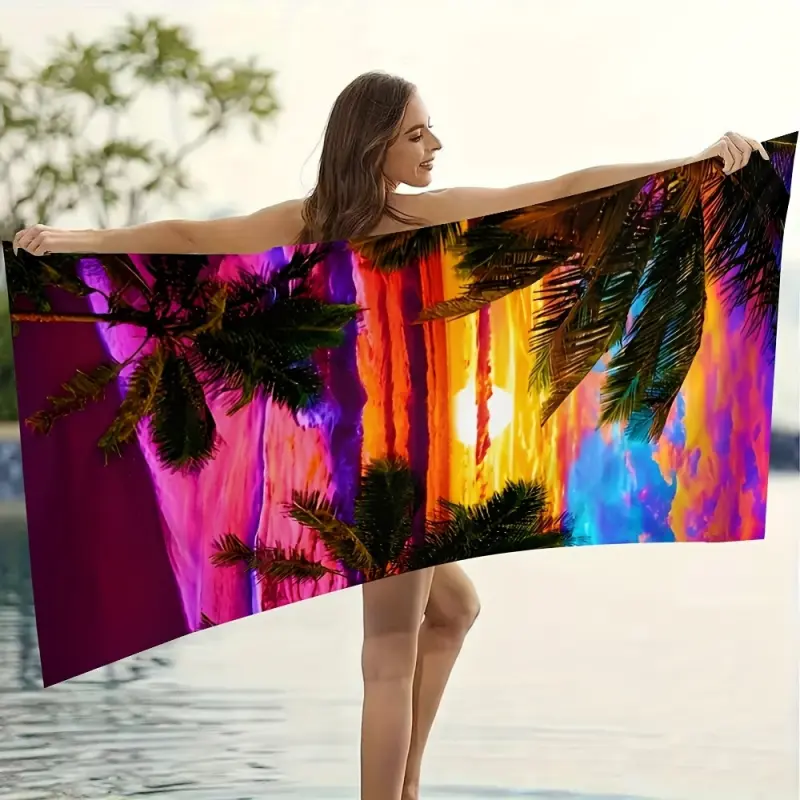 Luxury Oversized Thick Fluffy Fabric Large Size Beach Bath Towel, Tropical Sunset Palm Tree Ocean Pattern, Soft Absorbent Quick Dry Microfiber, Machine Washable for Pool Camping Travel, Fluffy Fabric Beach Towels, Large Size Beach Towels