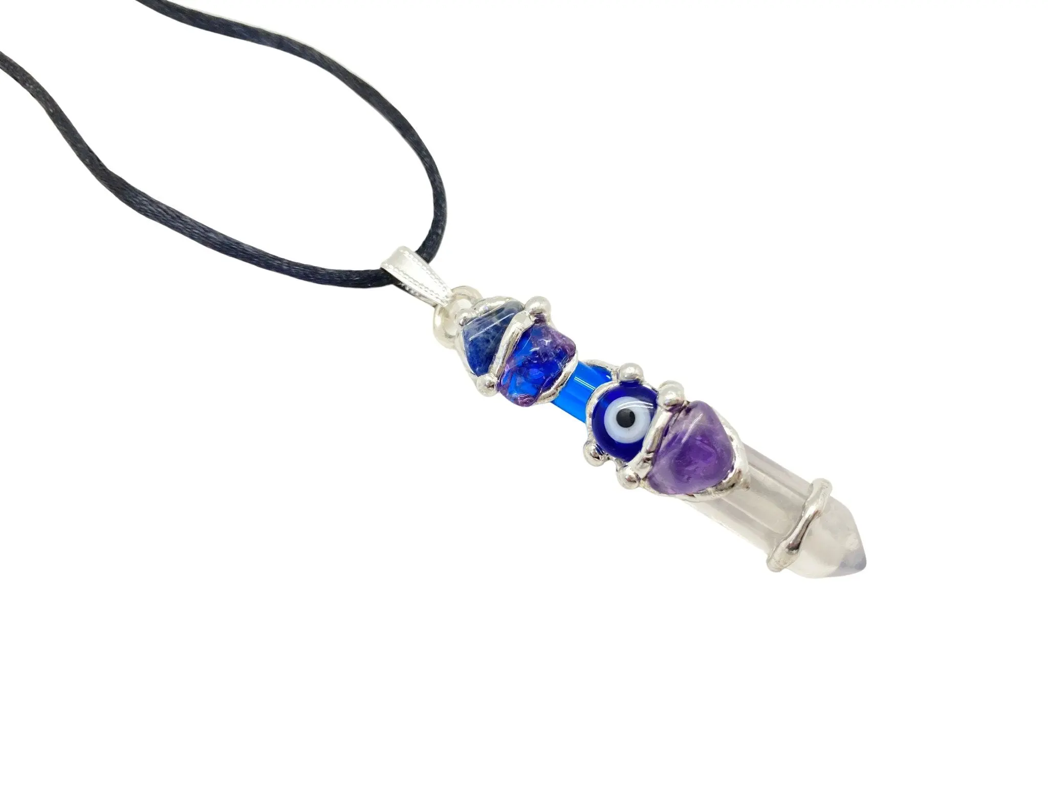 Evil Eye Protection Amulet Pendant Pendant with Black Satin Cord, Sodalite, Amethyst, Clear Quartz Natural Crystal Jewelry