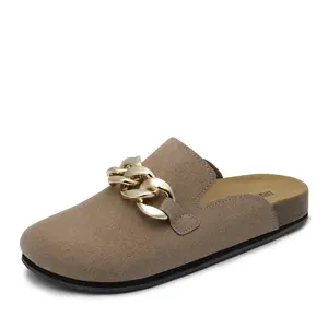 Dream Pairs Women's Mules Soft Footbed Clog Comfortable Flats Cork Clog Shoes Round Toe Chain Mules Slip on Sandals Slides Shoes clogs