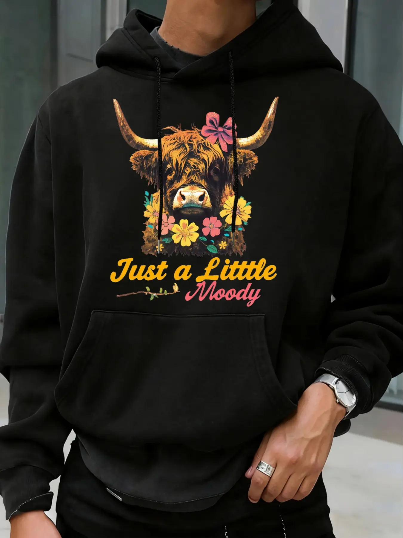 Men's Autumn Winter Graphic Hoodie, Just a Little Moody Design, Long Sleeve Drawstring Kangaroo Pocket, Street Style Casual Wear