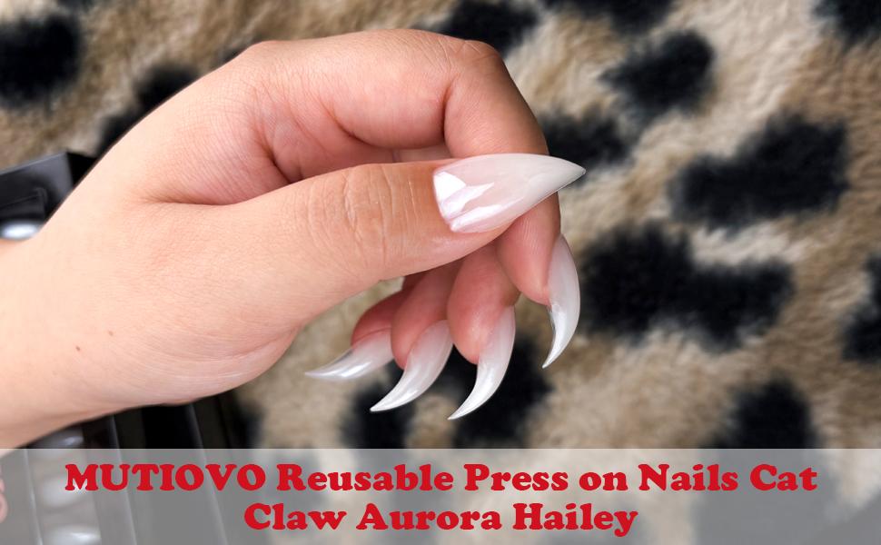 MUTIOVO Reusable Press on Nails Cat Claw Short Curved Stiletto - Aurora Hailey Shade 3D Fake Nails with Built-in Apex, 16 Sizes, Jelly Adhesive Tabs & Nail File for Halloween Cosplay(No Liquid Glue)